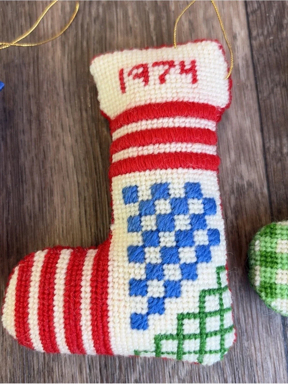 3 Vintage Handmade 1970's Cross Stitch Plush Christmas Stocking Ornaments